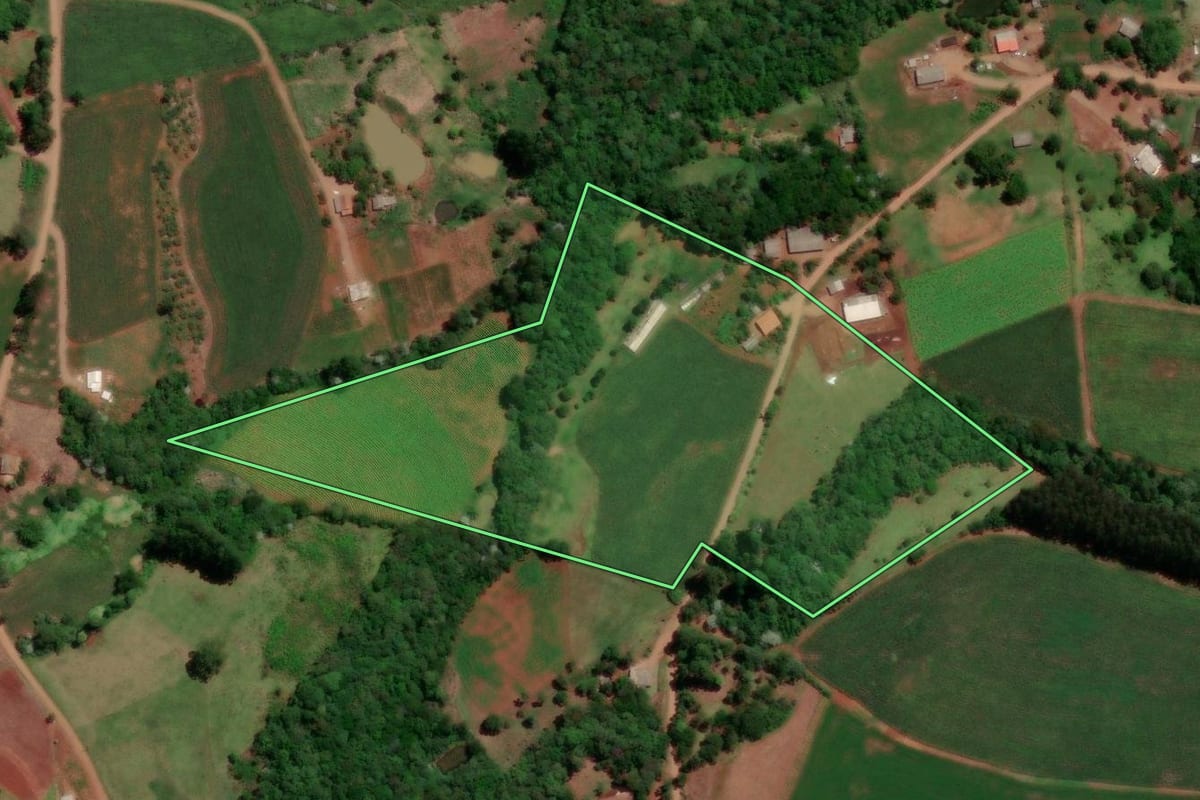 Imagem de satélite do imóvel rural em Enéas Marques (PR), com o contorno declarado no CAR desenhado por cima.