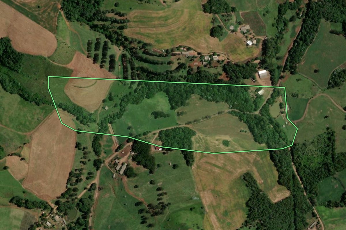 Imagem de satélite do imóvel rural em Enéas Marques (PR), com o contorno declarado no CAR desenhado por cima.