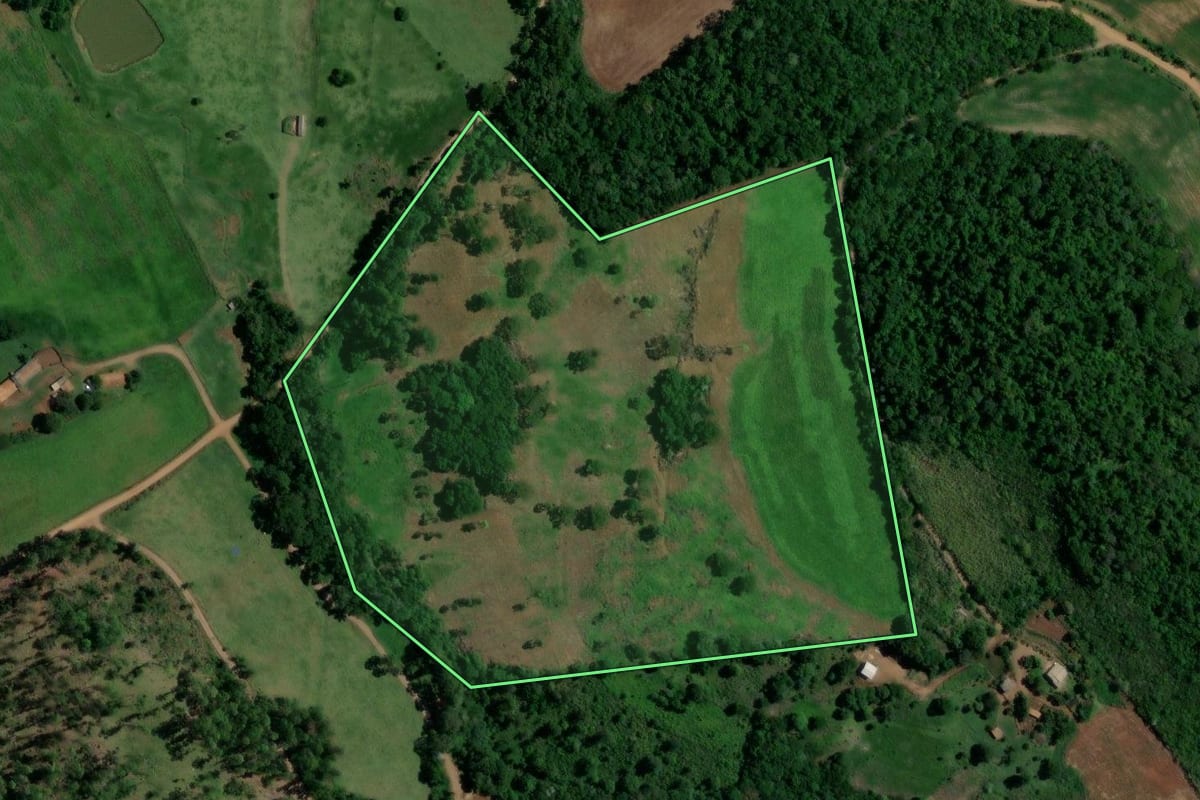 Imagem de satélite do imóvel rural em Enéas Marques (PR), com o contorno declarado no CAR desenhado por cima.