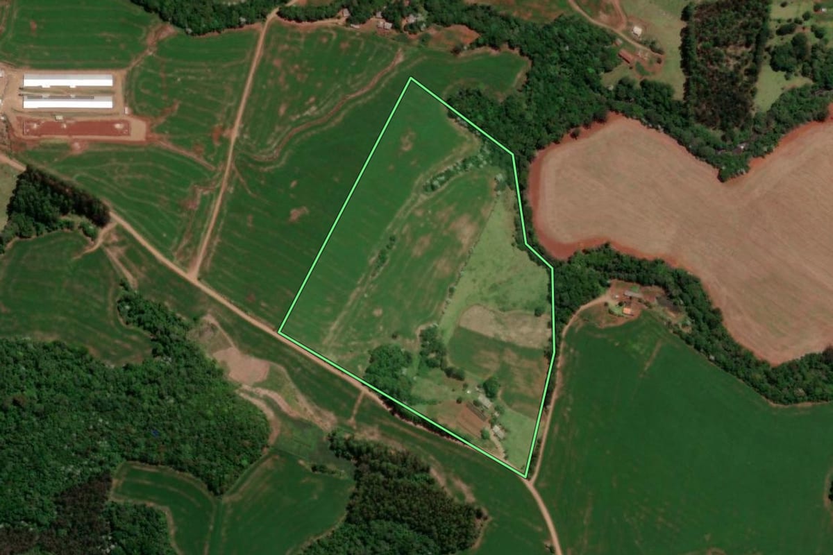 Imagem de satélite do imóvel rural em Enéas Marques (PR), com o contorno declarado no CAR desenhado por cima.