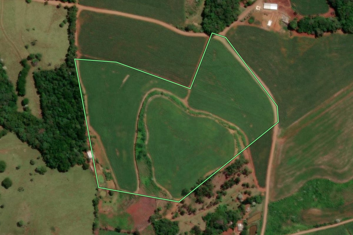 Imagem de satélite do imóvel rural em Enéas Marques (PR), com o contorno declarado no CAR desenhado por cima.