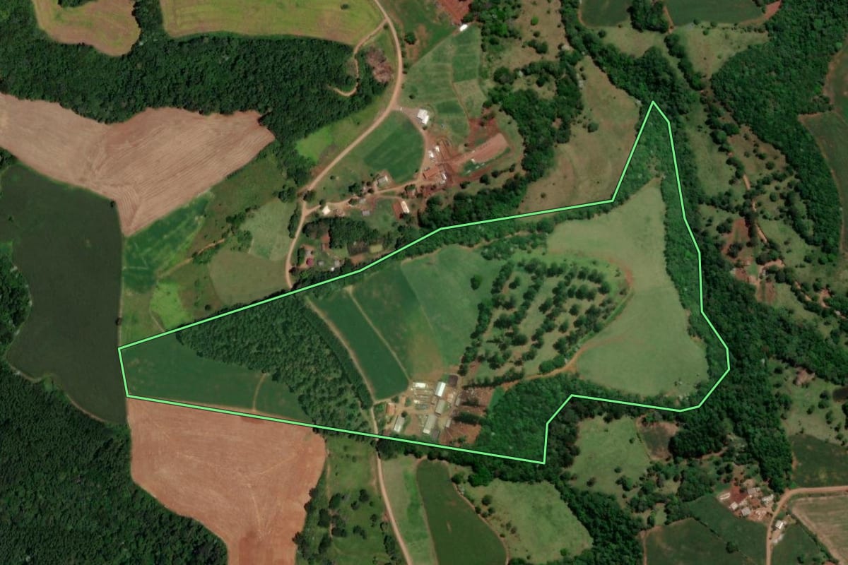 Imagem de satélite do imóvel rural em Enéas Marques (PR), com o contorno declarado no CAR desenhado por cima.