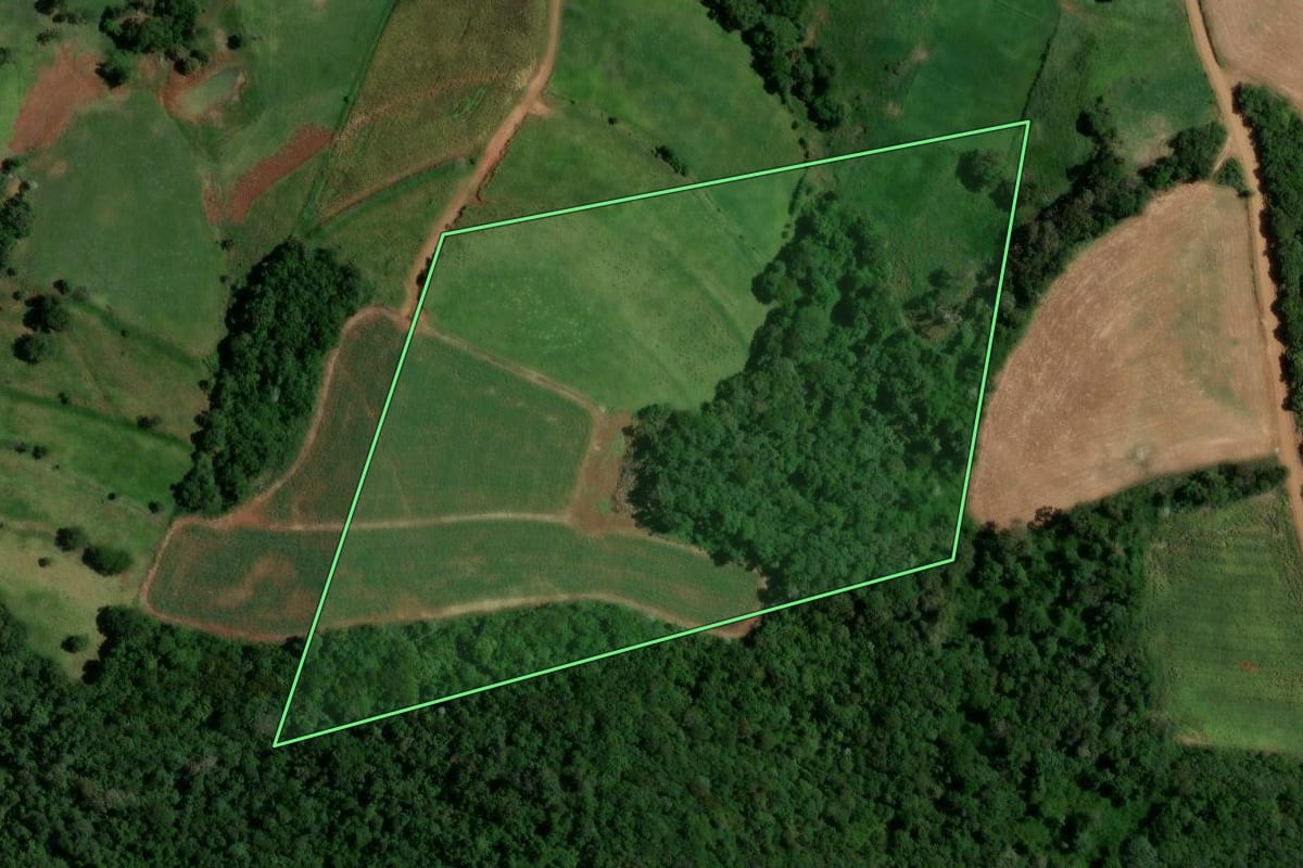 Imagem de satélite do imóvel rural em Enéas Marques (PR), com o contorno declarado no CAR desenhado por cima.