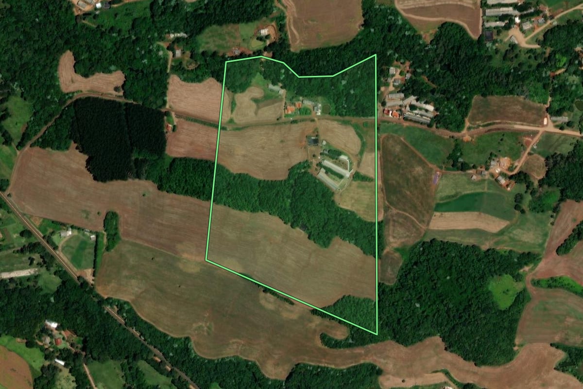 Imagem de satélite do imóvel rural em Enéas Marques (PR), com o contorno declarado no CAR desenhado por cima.