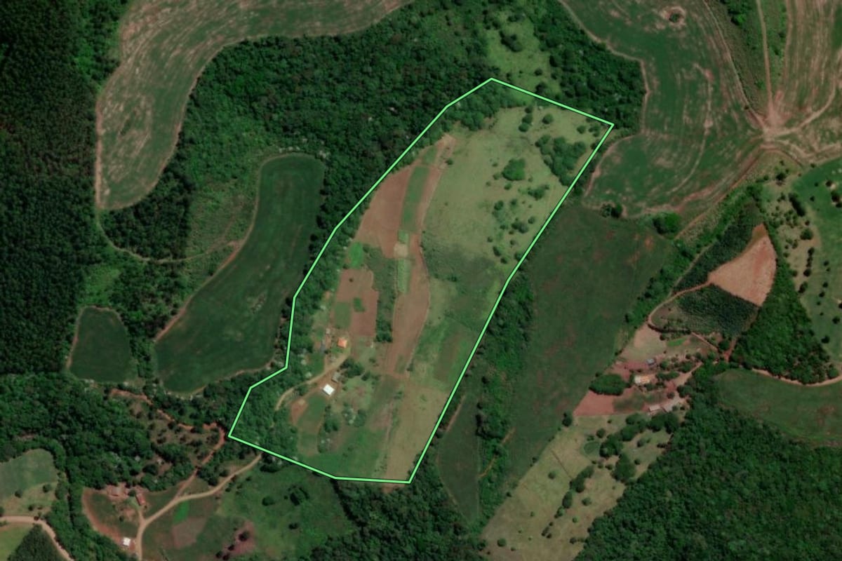 Imagem de satélite do imóvel rural em Enéas Marques (PR), com o contorno declarado no CAR desenhado por cima.