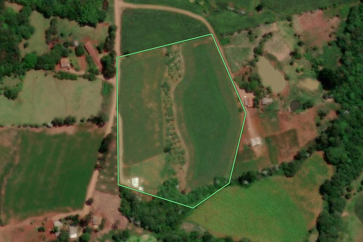 Imagem de satélite do imóvel rural em Enéas Marques (PR), com o contorno declarado no CAR desenhado por cima.