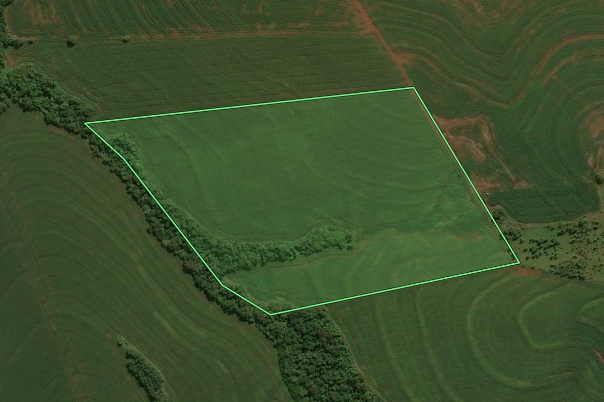 Imagem de satélite do imóvel rural em Engenheiro Beltrão (PR), com o contorno declarado no CAR desenhado por cima.