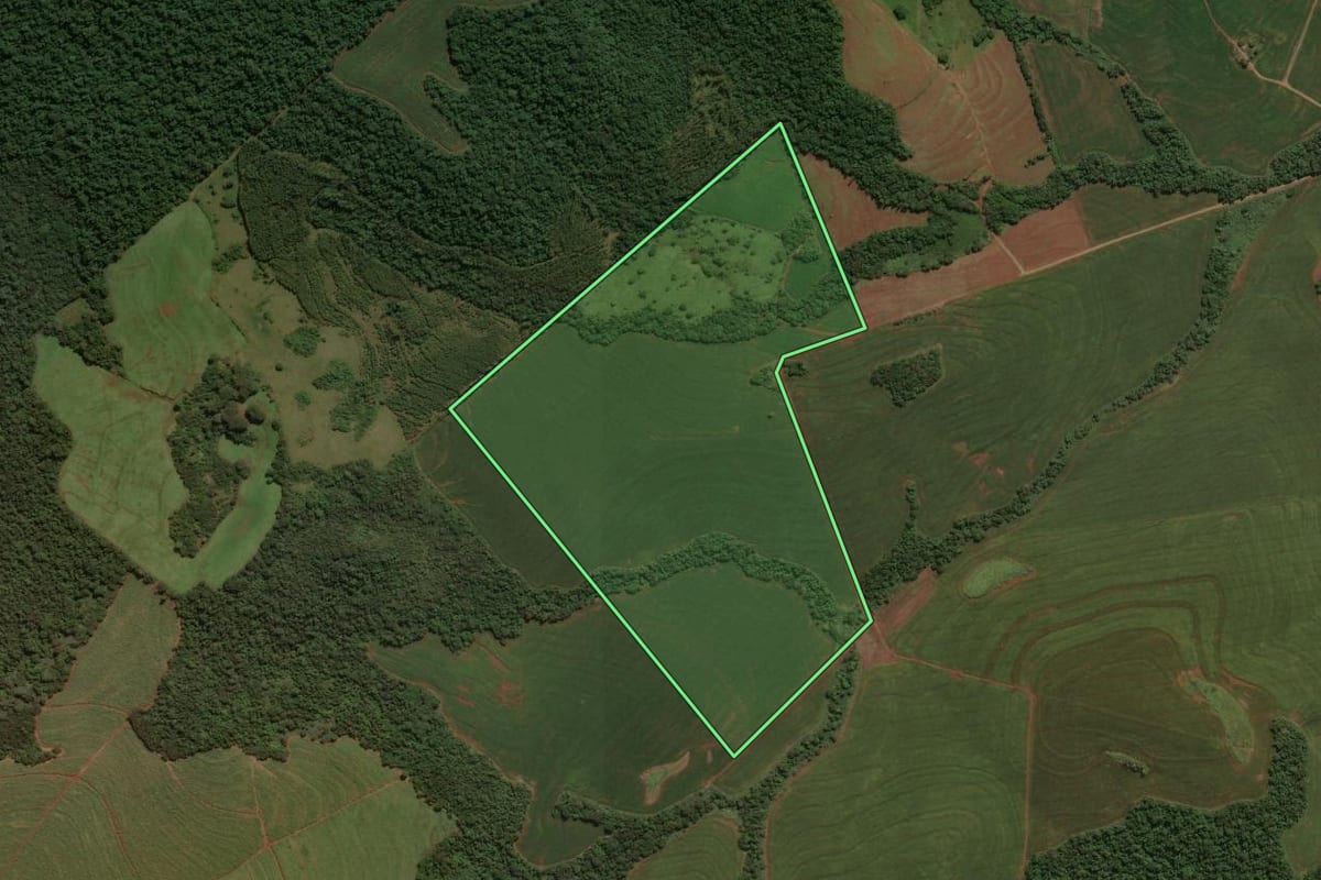 Imagem de satélite do imóvel rural em Engenheiro Beltrão (PR), com o contorno declarado no CAR desenhado por cima.
