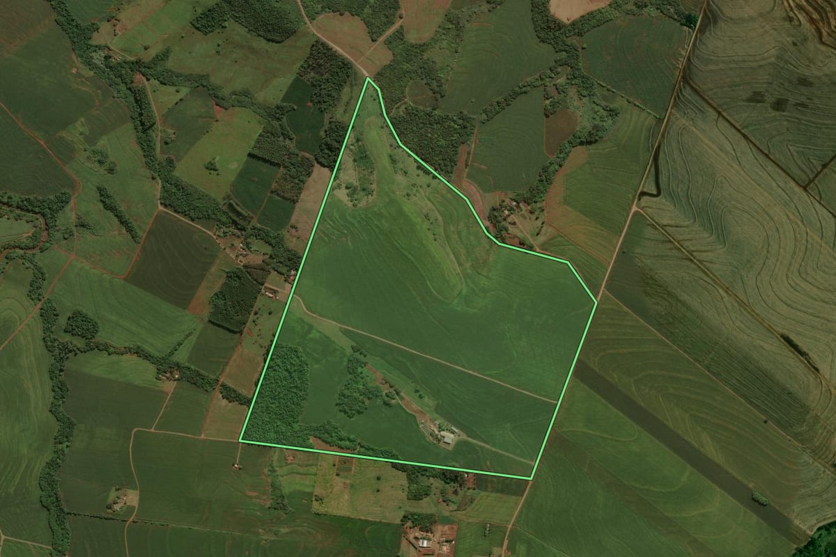 Imagem de satélite do imóvel rural em Engenheiro Beltrão (PR), com o contorno declarado no CAR desenhado por cima.