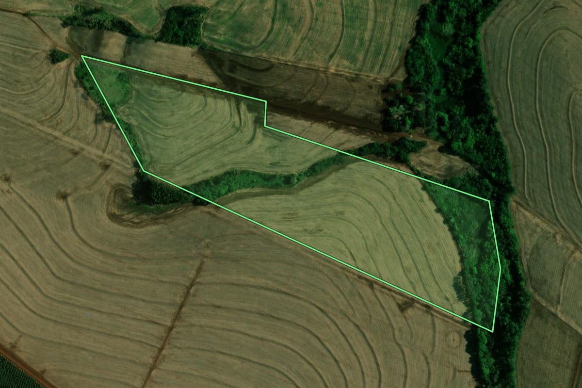 Imagem de satélite do imóvel rural em Engenheiro Beltrão (PR), com o contorno declarado no CAR desenhado por cima.