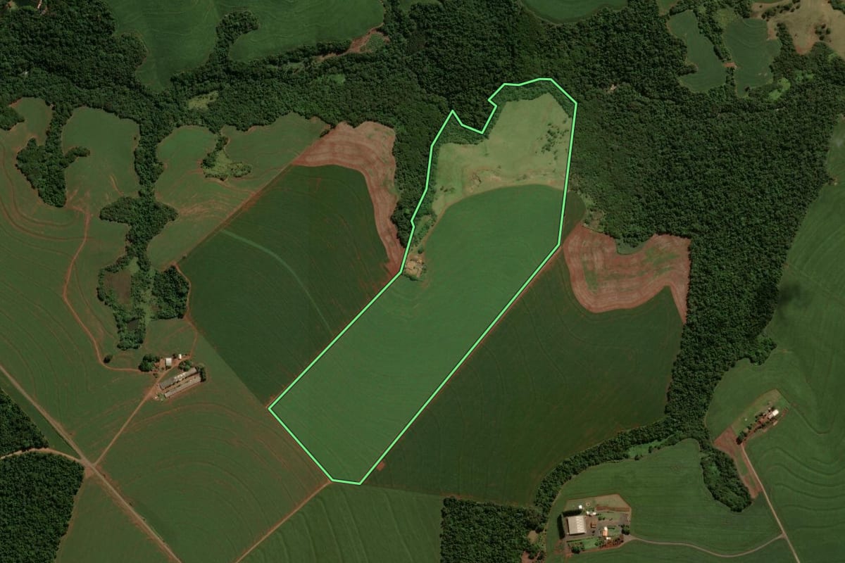 Imagem de satélite do imóvel rural em Engenheiro Beltrão (PR), com o contorno declarado no CAR desenhado por cima.
