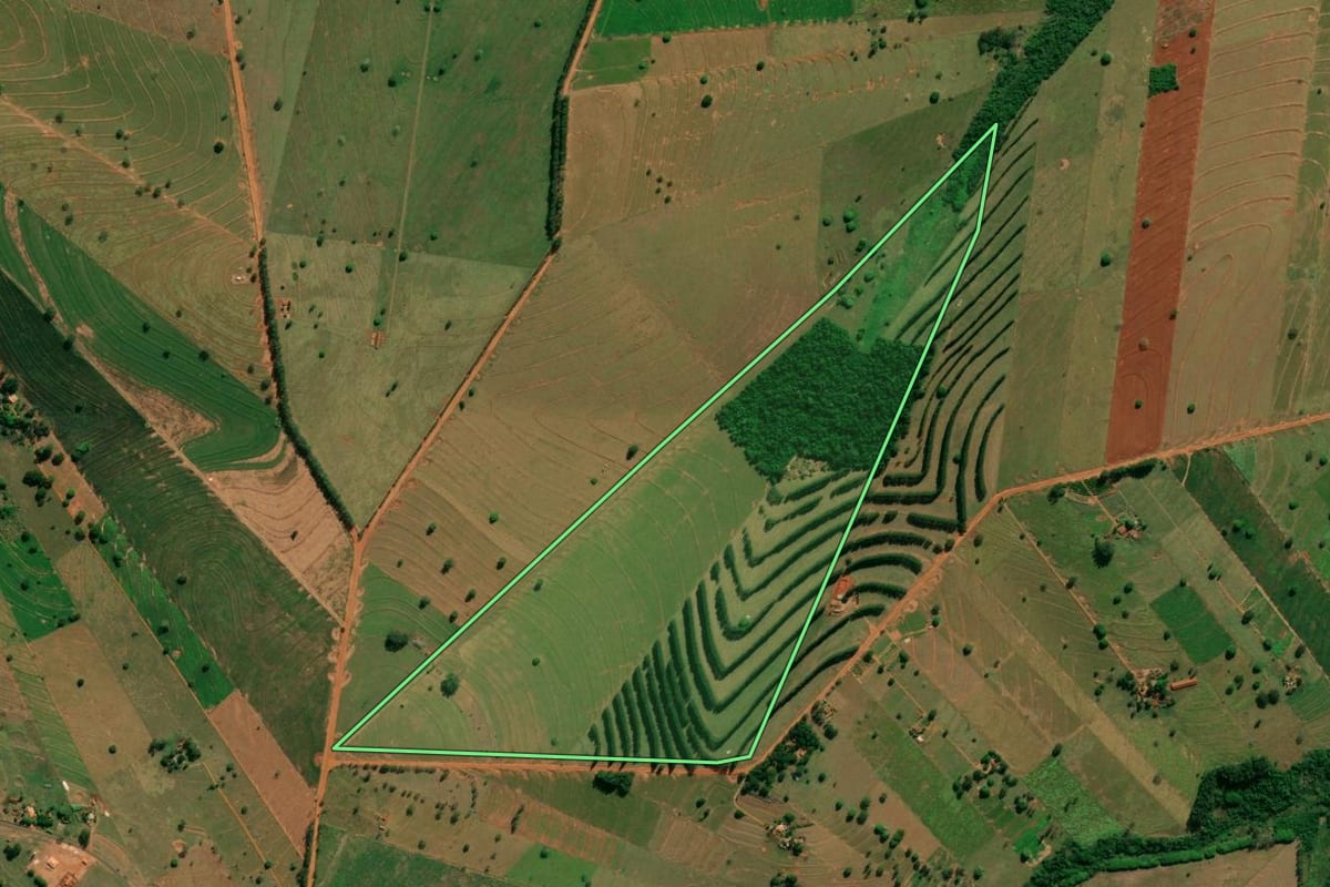 Imagem de satélite do imóvel rural em Esperança Nova (PR), com o contorno declarado no CAR desenhado por cima.