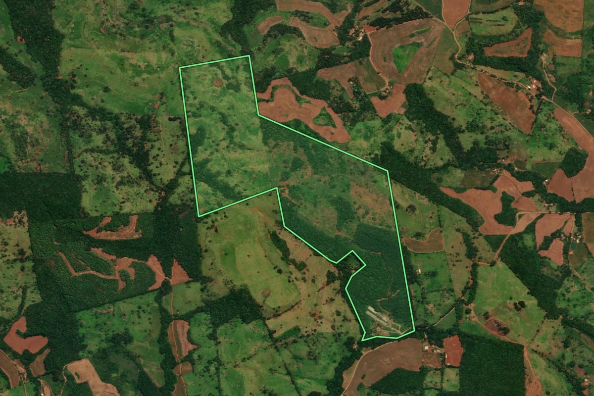 Imagem de satélite do imóvel rural em Espigão Alto do Iguaçu (PR), com o contorno declarado no CAR desenhado por cima.