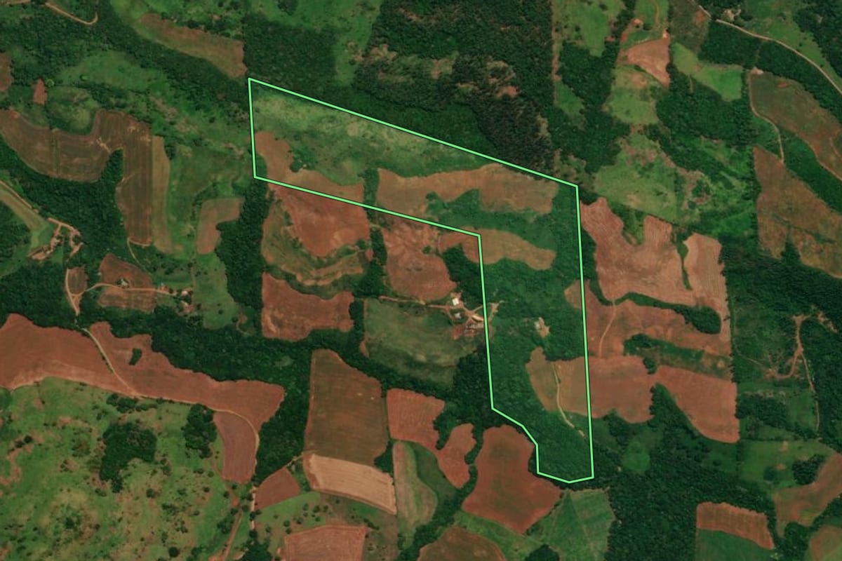 Imagem de satélite do imóvel rural em Espigão Alto do Iguaçu (PR), com o contorno declarado no CAR desenhado por cima.