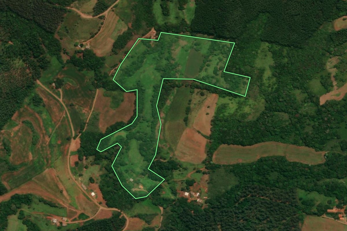 Imagem de satélite do imóvel rural em Espigão Alto do Iguaçu (PR), com o contorno declarado no CAR desenhado por cima.