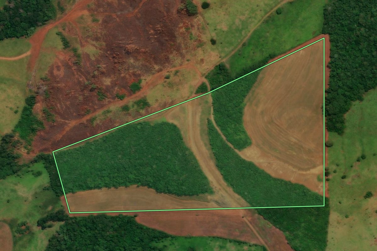 Imagem de satélite do imóvel rural em Espigão Alto do Iguaçu (PR), com o contorno declarado no CAR desenhado por cima.