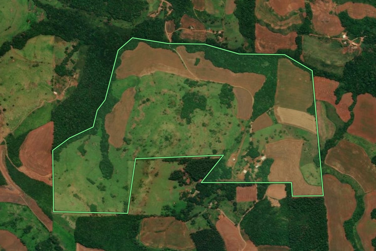 Imagem de satélite do imóvel rural em Espigão Alto do Iguaçu (PR), com o contorno declarado no CAR desenhado por cima.