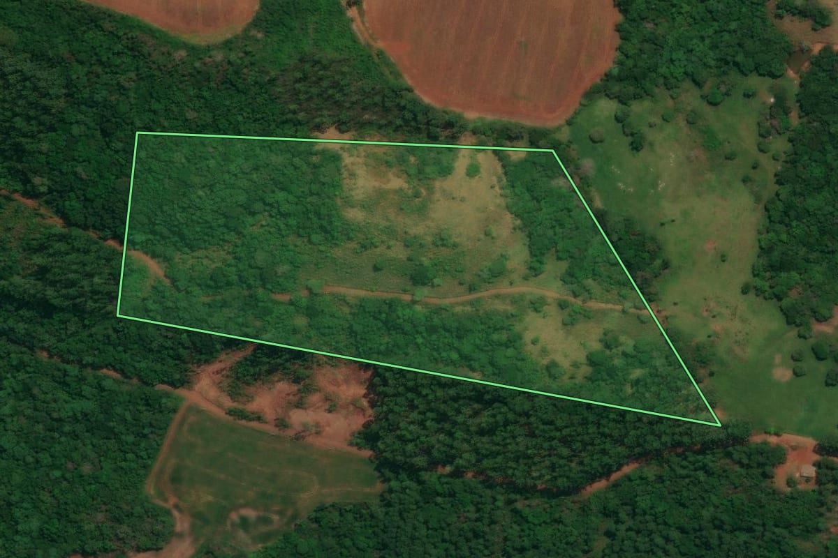 Imagem de satélite do imóvel rural em Espigão Alto do Iguaçu (PR), com o contorno declarado no CAR desenhado por cima.