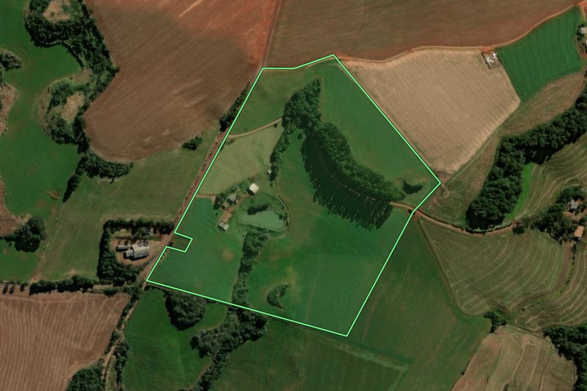Imagem de satélite do imóvel rural em Espigão Alto do Iguaçu (PR), com o contorno declarado no CAR desenhado por cima.