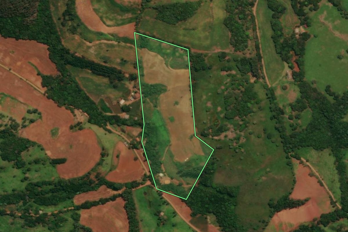 Imagem de satélite do imóvel rural em Espigão Alto do Iguaçu (PR), com o contorno declarado no CAR desenhado por cima.