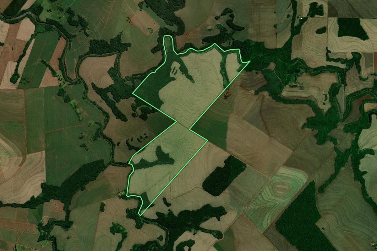 Imagem de satélite do imóvel rural em Farol (PR), com o contorno declarado no CAR desenhado por cima.