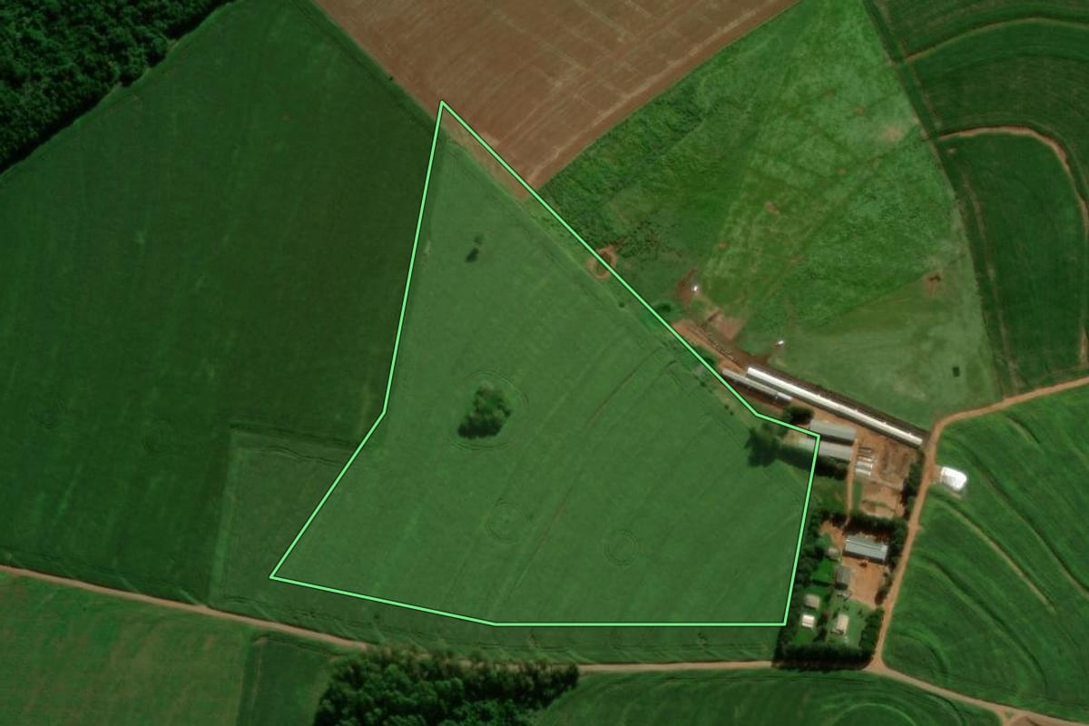 Imagem de satélite do imóvel rural em Farol (PR), com o contorno declarado no CAR desenhado por cima.