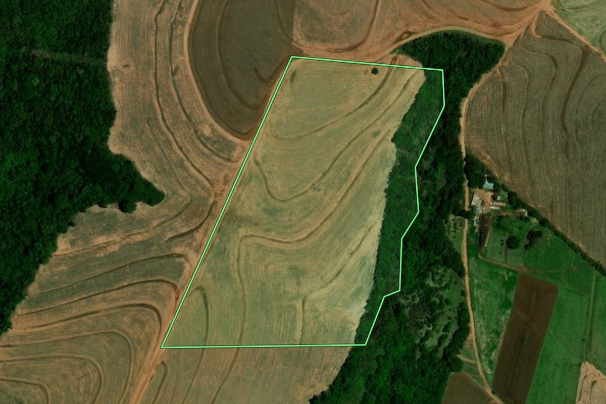 Imagem de satélite do imóvel rural em Farol (PR), com o contorno declarado no CAR desenhado por cima.