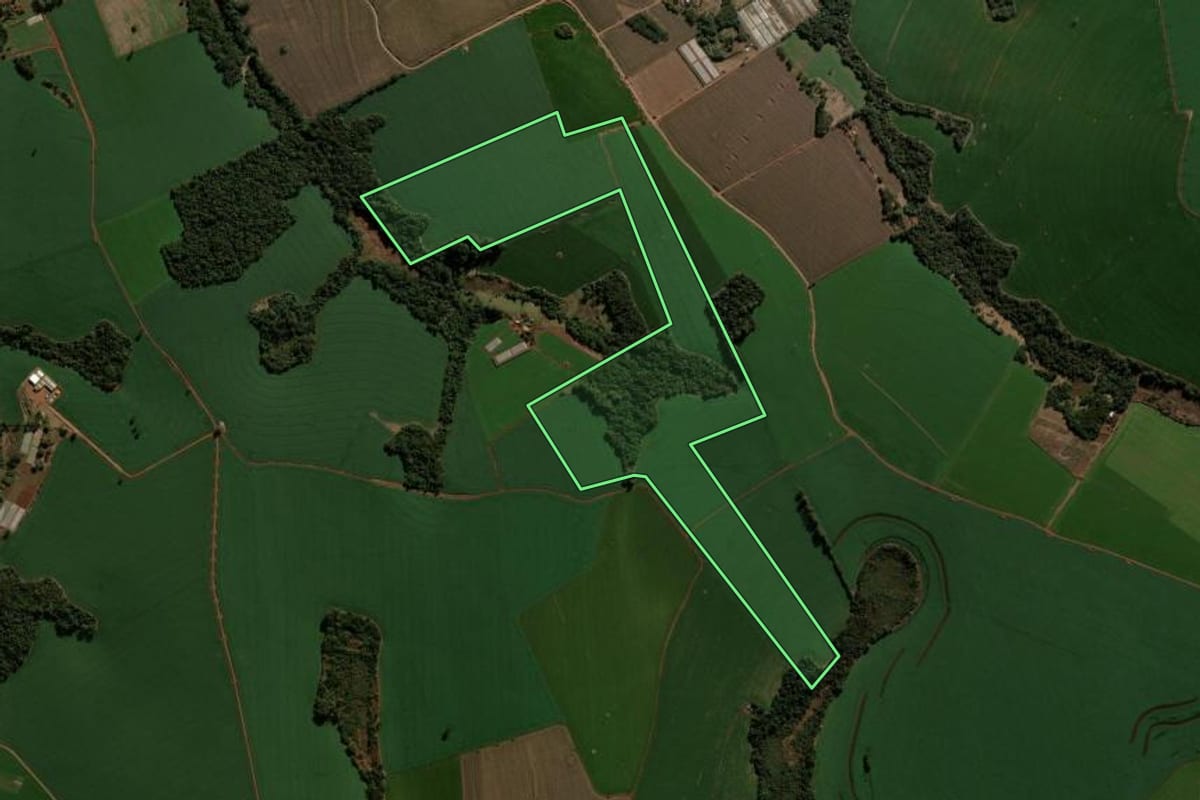 Imagem de satélite do imóvel rural em Faxinal (PR), com o contorno declarado no CAR desenhado por cima.
