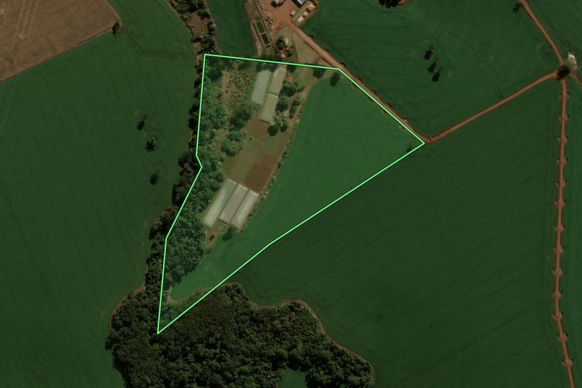 Imagem de satélite do imóvel rural em Faxinal (PR), com o contorno declarado no CAR desenhado por cima.