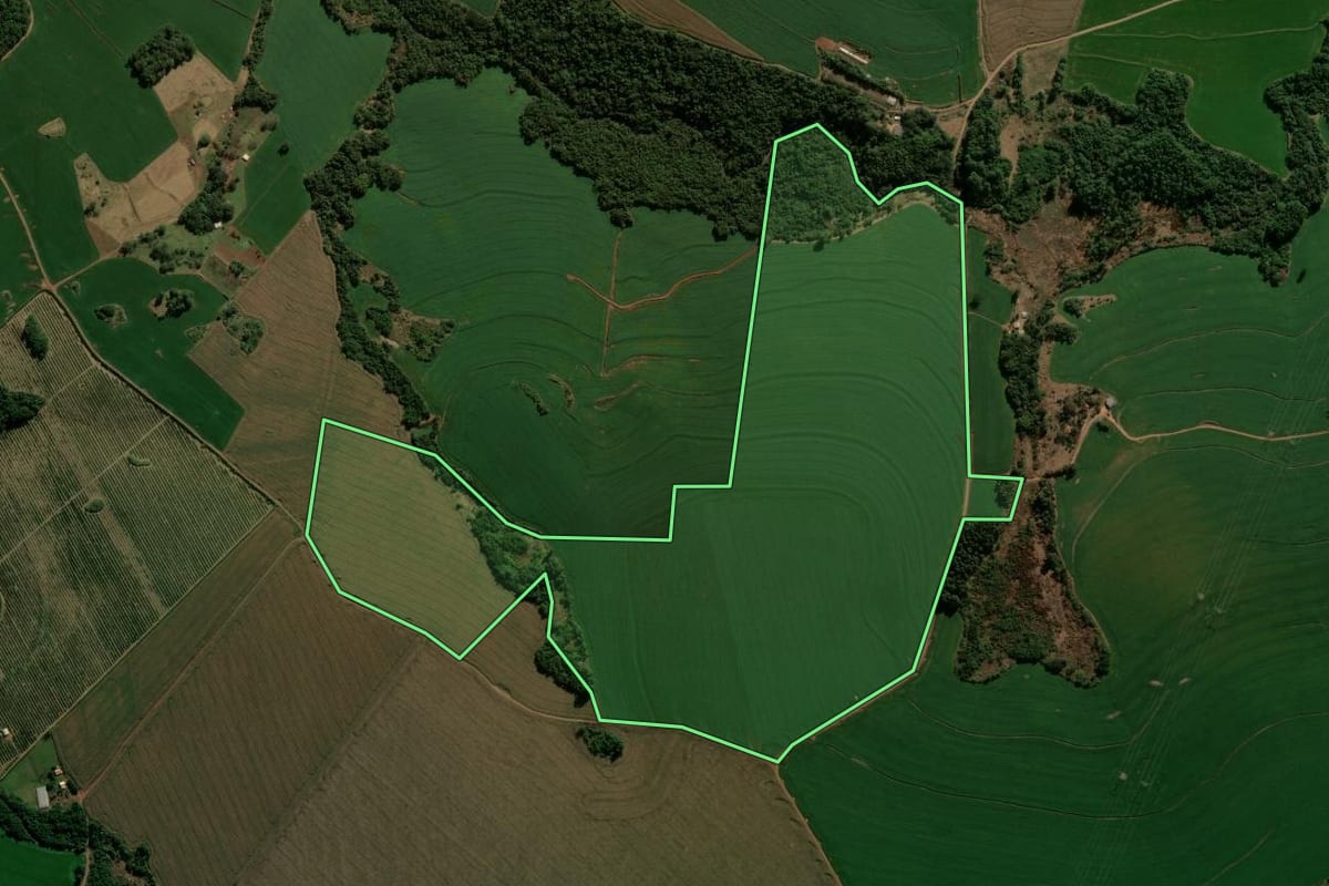 Imagem de satélite do imóvel rural em Faxinal (PR), com o contorno declarado no CAR desenhado por cima.