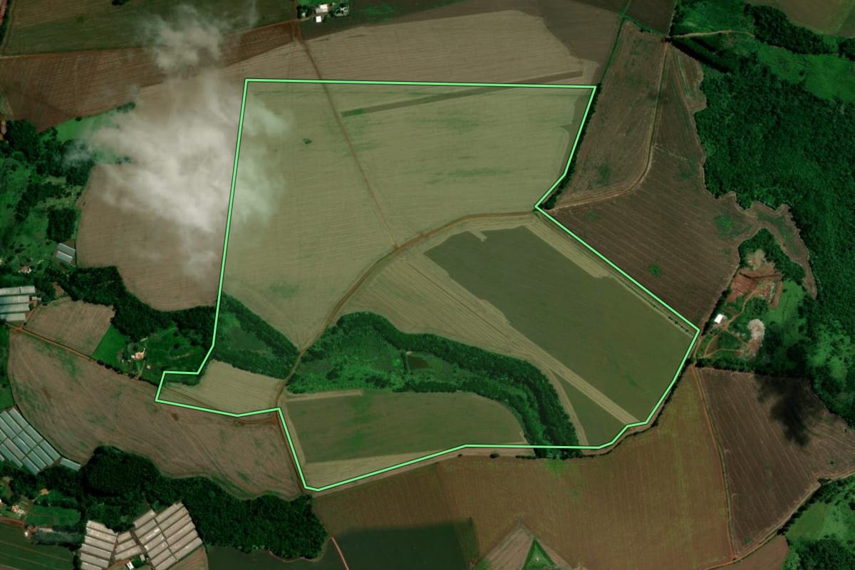 Imagem de satélite do imóvel rural em Faxinal (PR), com o contorno declarado no CAR desenhado por cima.