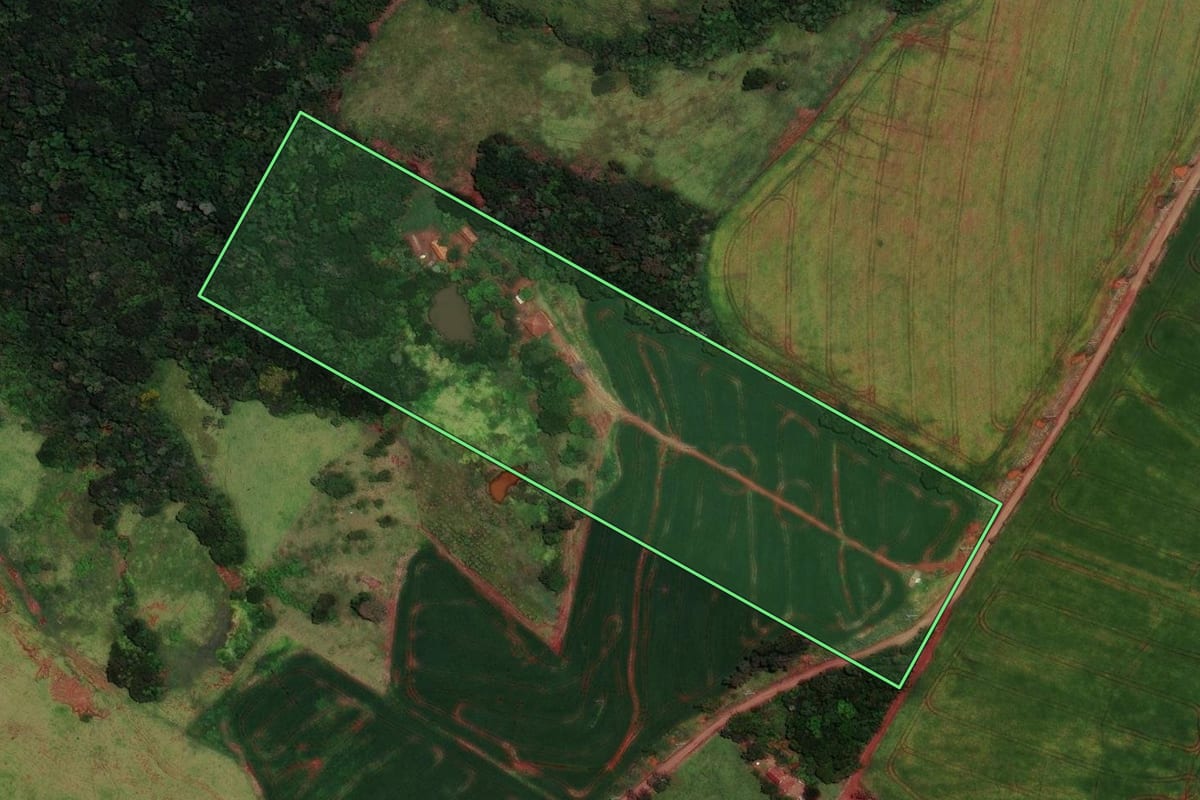 Imagem de satélite do imóvel rural em Faxinal (PR), com o contorno declarado no CAR desenhado por cima.