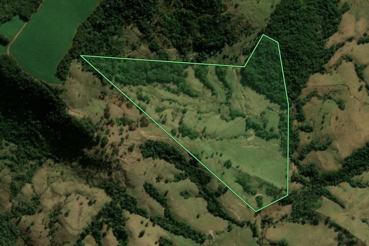 Imagem de satélite do imóvel rural em Faxinal (PR), com o contorno declarado no CAR desenhado por cima.