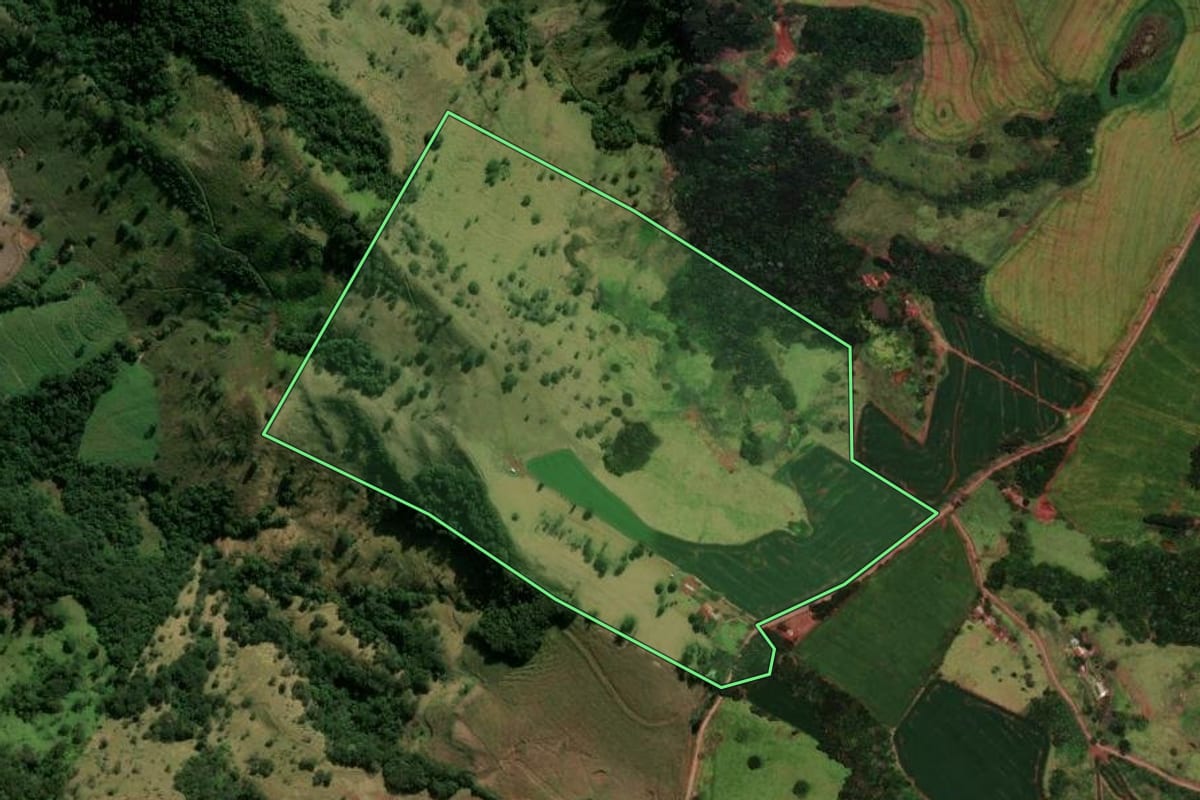 Imagem de satélite do imóvel rural em Faxinal (PR), com o contorno declarado no CAR desenhado por cima.