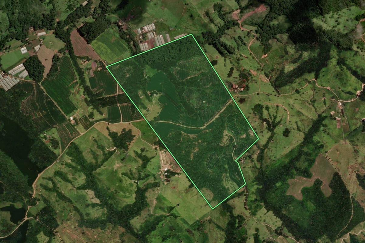 Imagem de satélite do imóvel rural em Faxinal (PR), com o contorno declarado no CAR desenhado por cima.