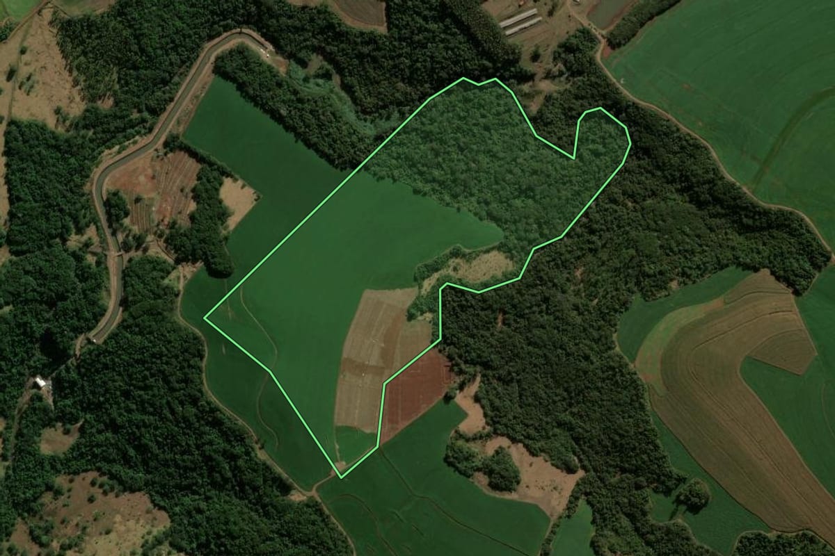 Imagem de satélite do imóvel rural em Faxinal (PR), com o contorno declarado no CAR desenhado por cima.