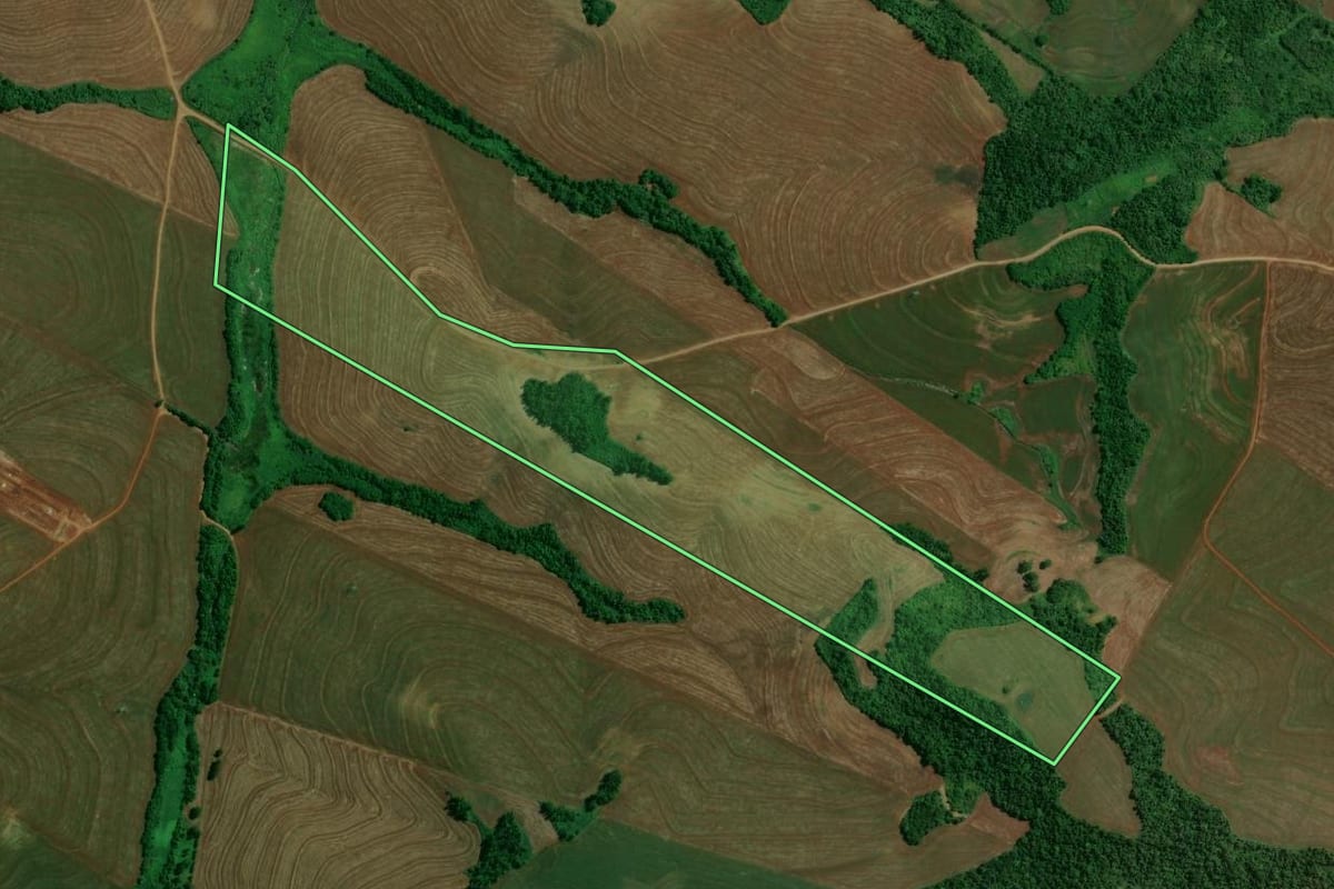 Imagem de satélite do imóvel rural em Fênix (PR), com o contorno declarado no CAR desenhado por cima.