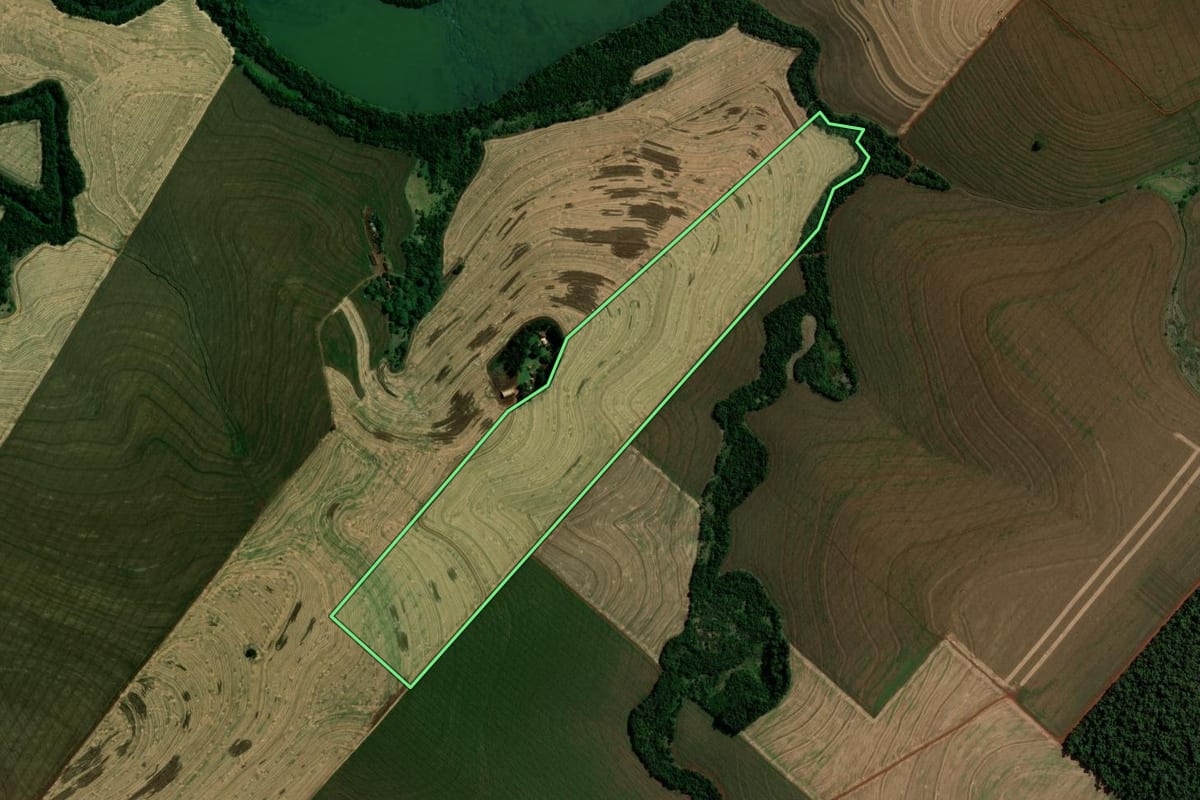 Imagem de satélite do imóvel rural em Fênix (PR), com o contorno declarado no CAR desenhado por cima.