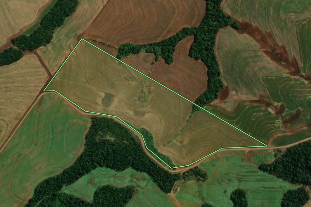 Imagem de satélite do imóvel rural em Fênix (PR), com o contorno declarado no CAR desenhado por cima.