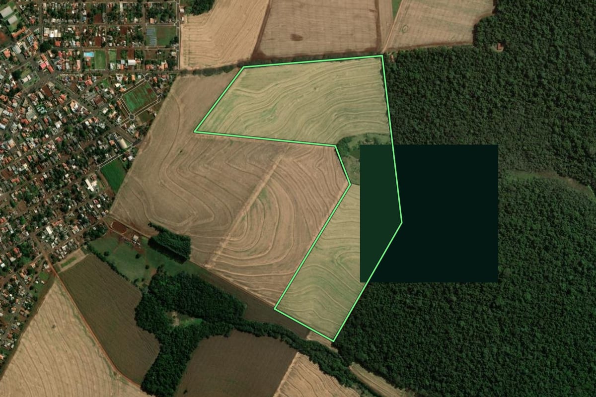 Imagem de satélite do imóvel rural em Fênix (PR), com o contorno declarado no CAR desenhado por cima.