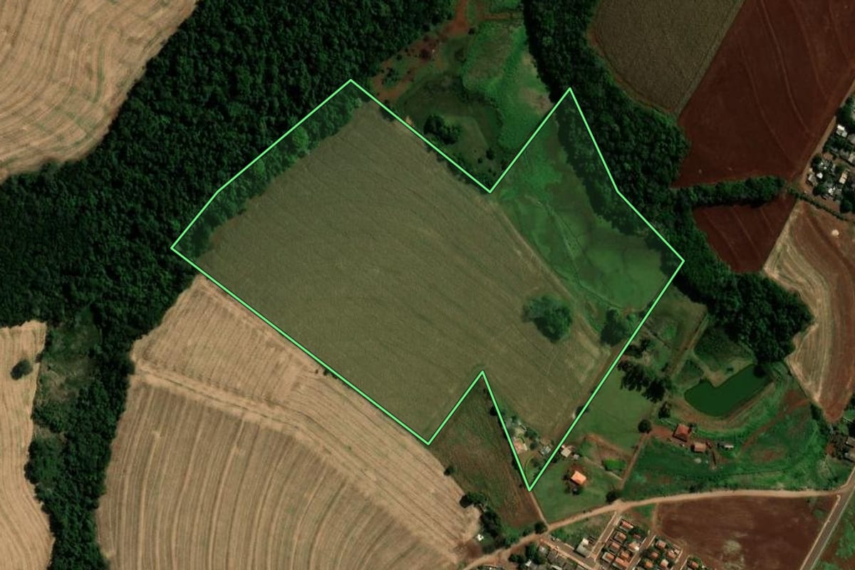 Imagem de satélite do imóvel rural em Fênix (PR), com o contorno declarado no CAR desenhado por cima.