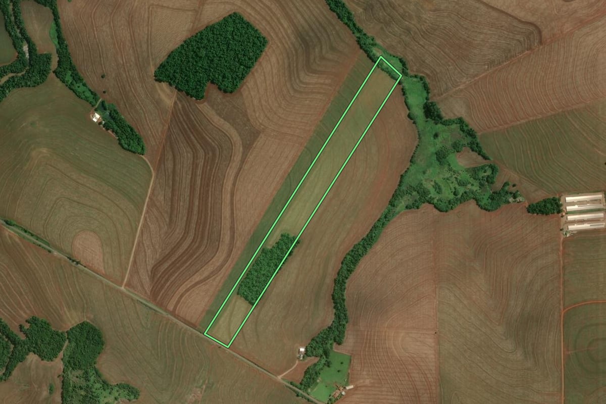 Imagem de satélite do imóvel rural em Fênix (PR), com o contorno declarado no CAR desenhado por cima.