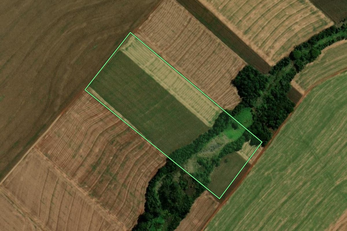 Imagem de satélite do imóvel rural em Fênix (PR), com o contorno declarado no CAR desenhado por cima.