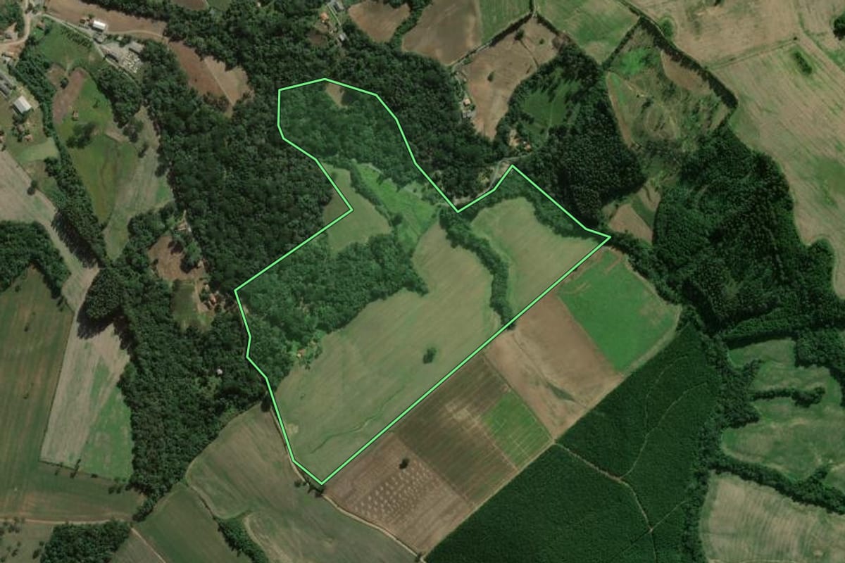 Imagem de satélite do imóvel rural em Fernandes Pinheiro (PR), com o contorno declarado no CAR desenhado por cima.