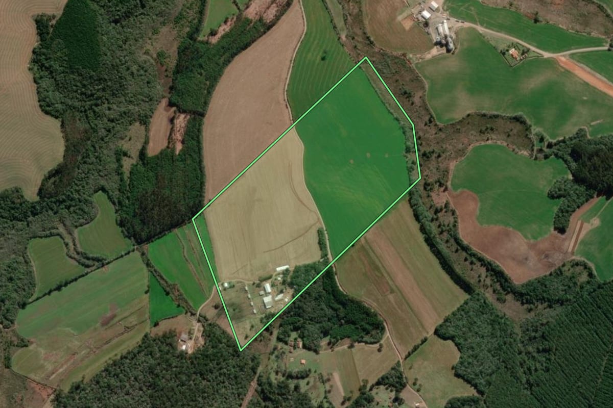 Imagem de satélite do imóvel rural em Fernandes Pinheiro (PR), com o contorno declarado no CAR desenhado por cima.