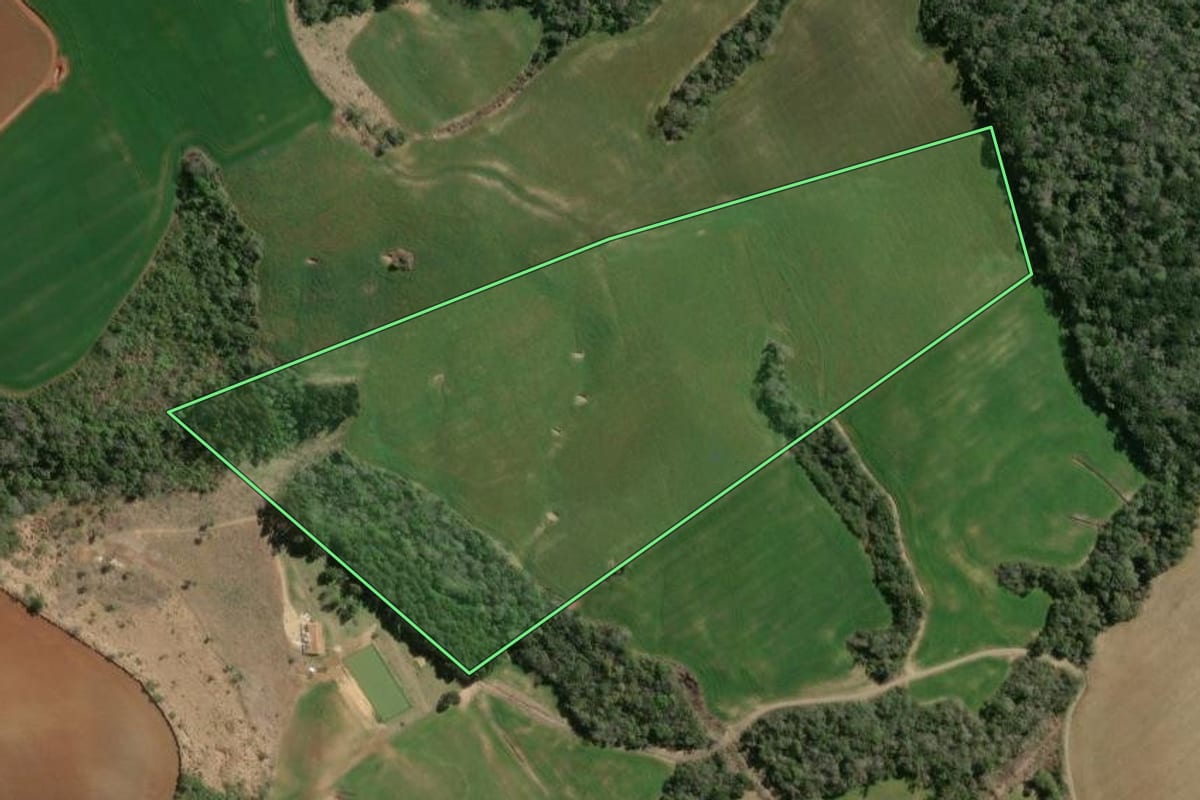 Imagem de satélite do imóvel rural em Fernandes Pinheiro (PR), com o contorno declarado no CAR desenhado por cima.