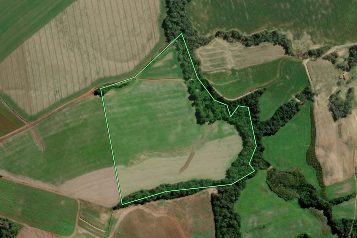 Imagem de satélite do imóvel rural em Fernandes Pinheiro (PR), com o contorno declarado no CAR desenhado por cima.
