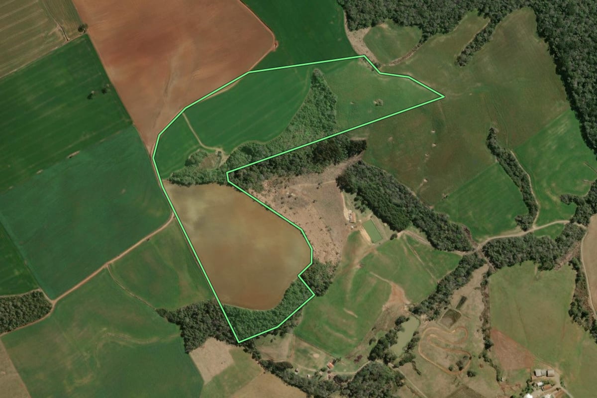 Imagem de satélite do imóvel rural em Fernandes Pinheiro (PR), com o contorno declarado no CAR desenhado por cima.