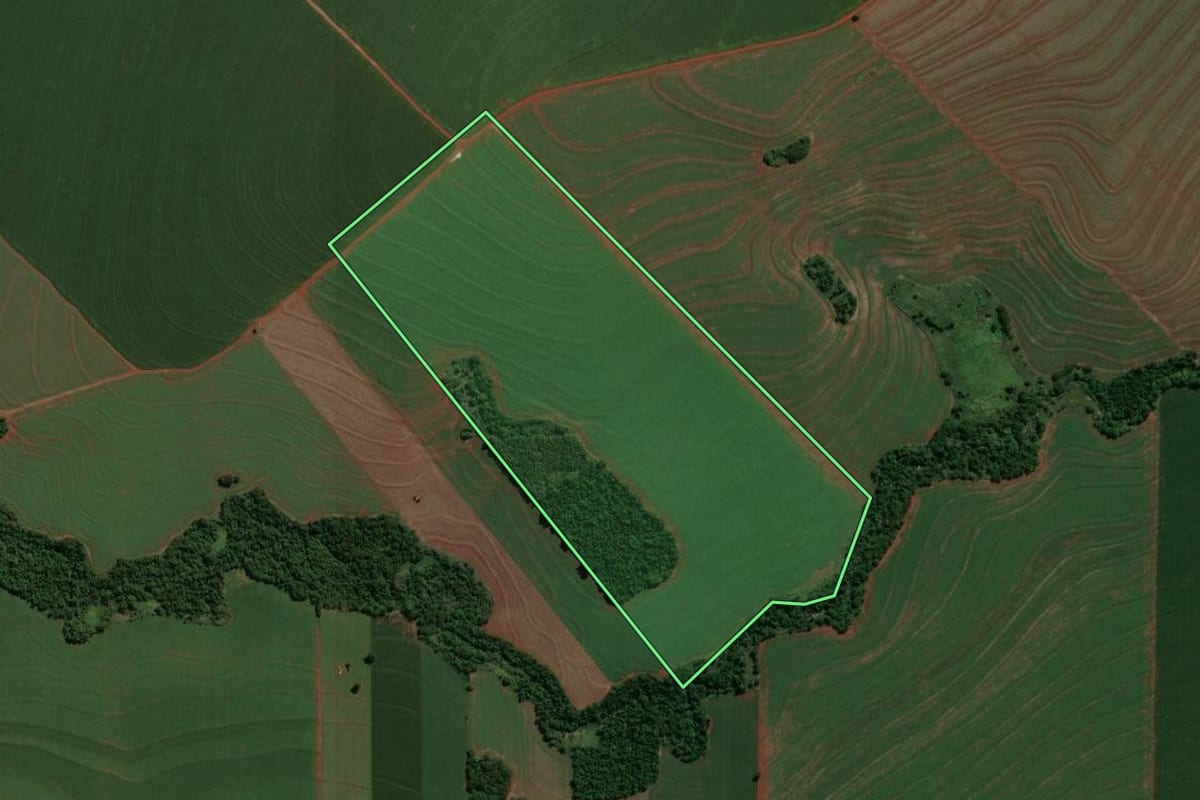Imagem de satélite do imóvel rural em Floraí (PR), com o contorno declarado no CAR desenhado por cima.