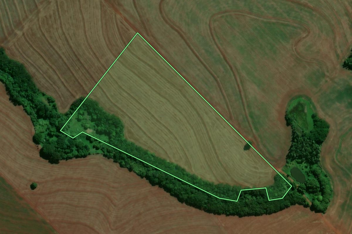 Imagem de satélite do imóvel rural em Floraí (PR), com o contorno declarado no CAR desenhado por cima.